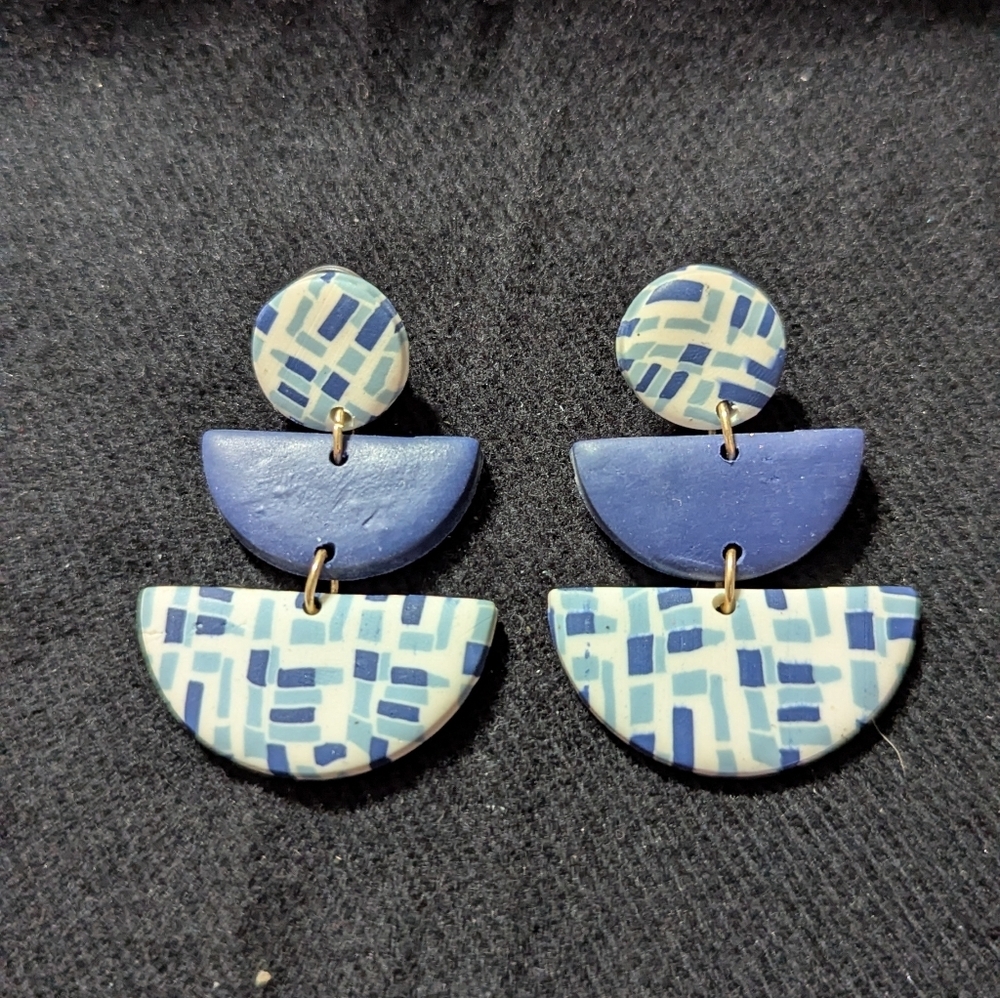 Blue and White Geometric Lightweight Dangle Statement Earrings
